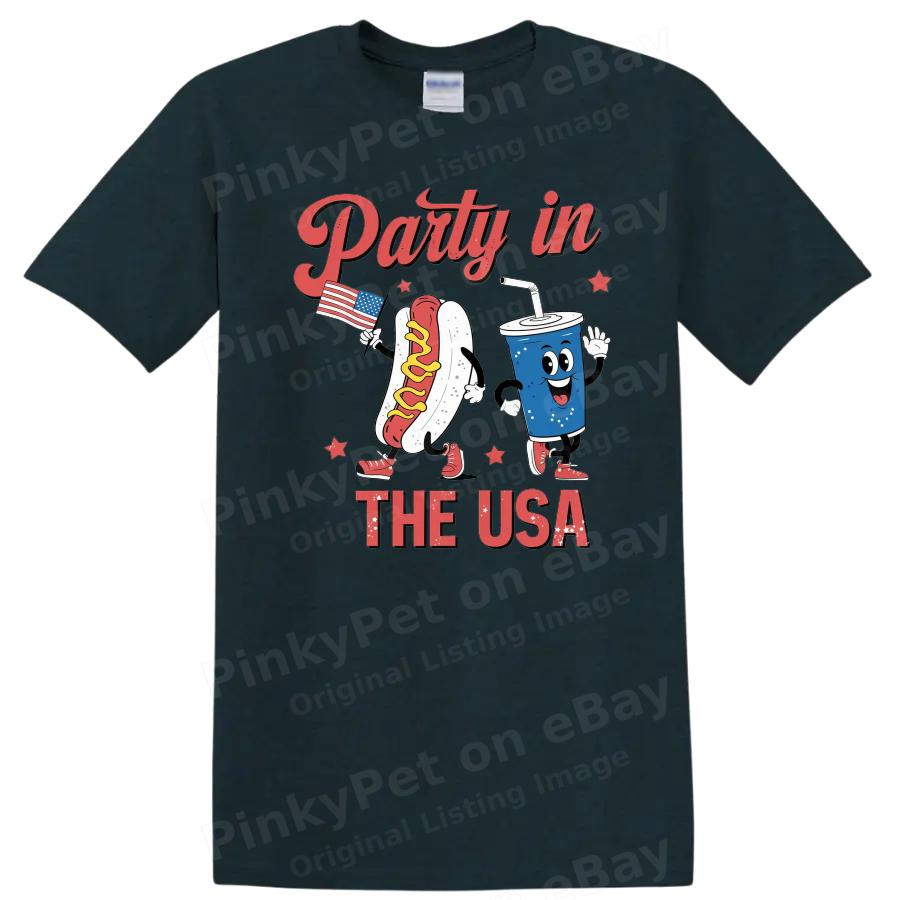 Party in the USA Hot Dog Soda T Shirt Cute Graphic Funny Tee for Summer Fun