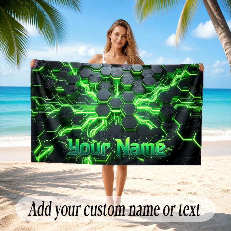 Abstract Geometric Theme Soft Beach Towel Personalized Custom Name Text Towel Portable for Beach Pool Travel
