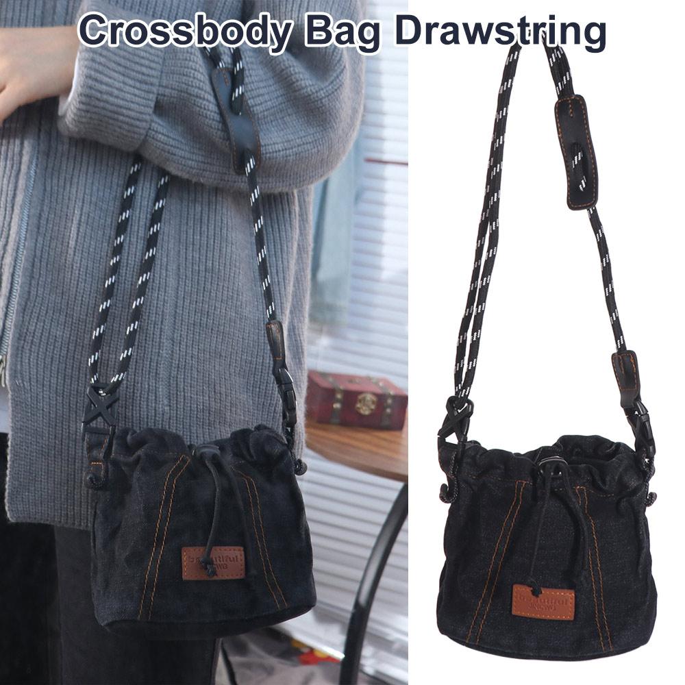 Portable Vintage Drawstring Crossbody Bag Large Capacity Casual Denim Canvas Bag Solid Color Handbag Jeans Shoulder Bag Women
