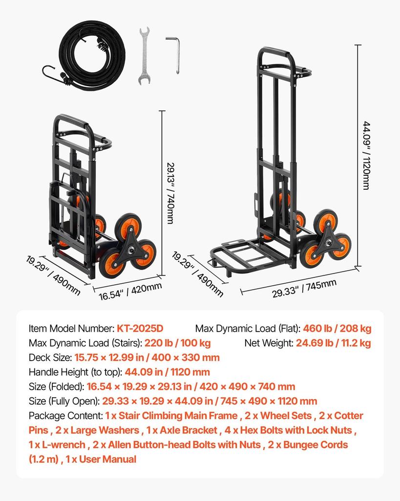 Stair Climbing Cart, 100 kg Stair-Climbing Capacity, Heavy-Duty Folding Trolley Cart with Telescoping Handle, 6 Wheels and 2 Bungee Cords, Stair