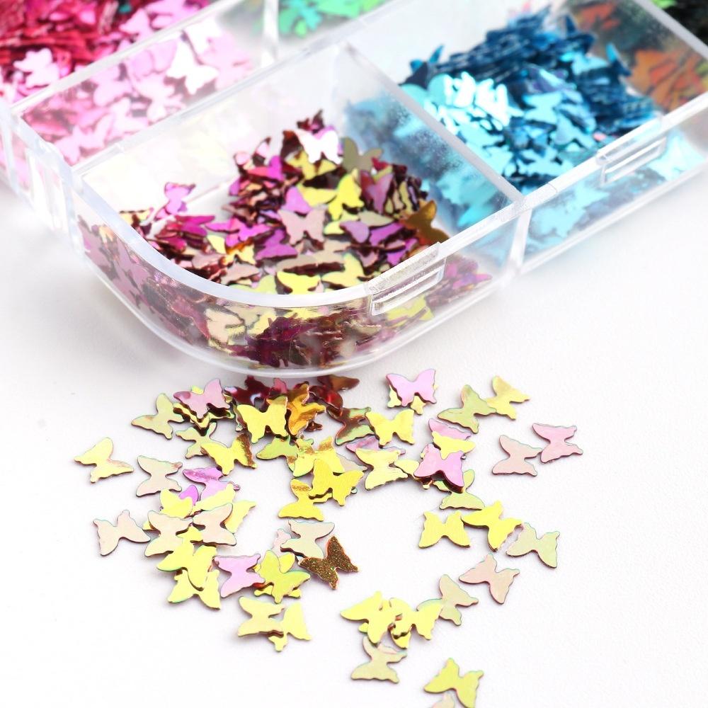 12 Цветных Сеток Набор Блесток и Пайеток для Дизайна Ногтей в Виде Бабочек Ультратонкие Кончики Мерцающие DIY Набор для Красоты Аксессуары для Ногтей для Девочек