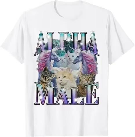 Alpha Unisex Unicorn Cat Ironic Vintage TShirt Retro Style Vintage Saying Tee Short Sleeve Sarcastic Joke Saying Rap Y2k Top