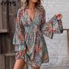 Women's Midi Dress Vintage V-Neck Bell Long Sleeve Boho Dress Loose High Waist Floral Printed Swing A-Line Dress