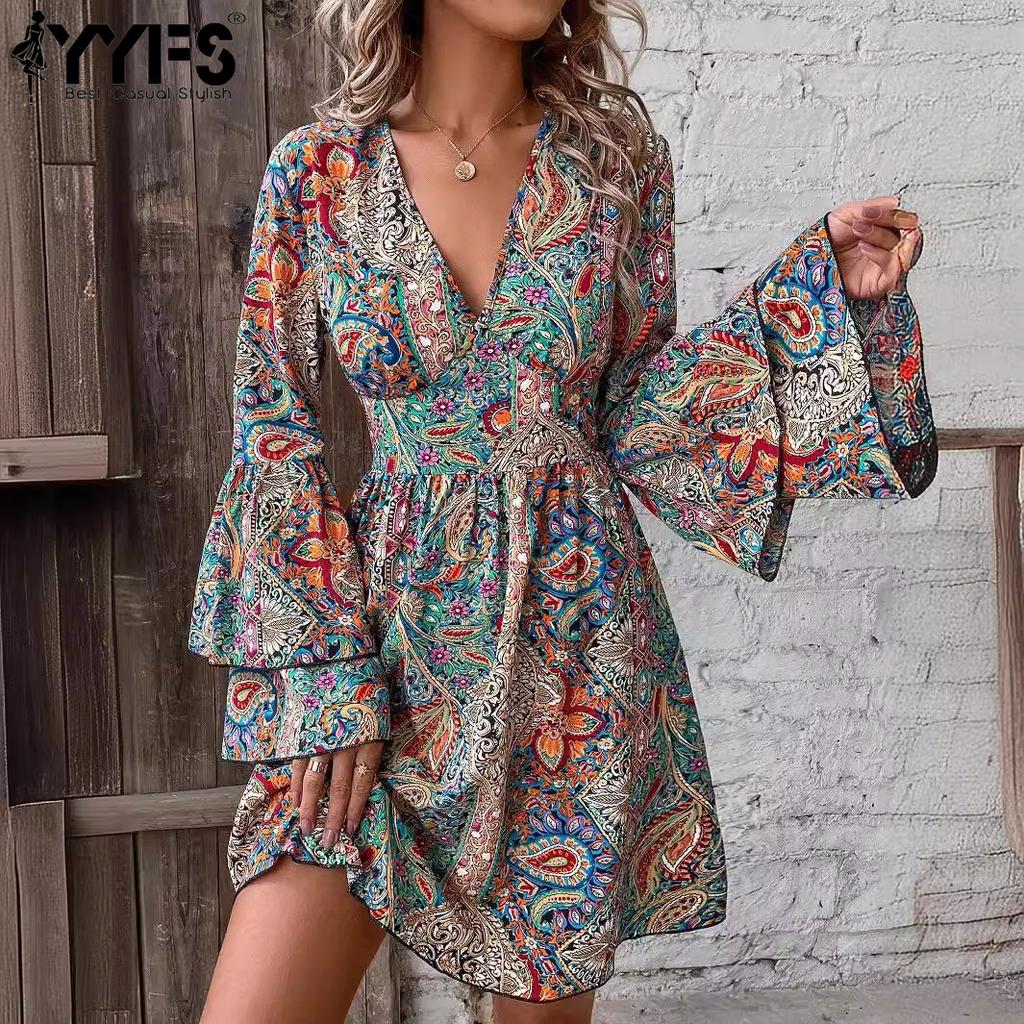 Women's Midi Dress Vintage V-Neck Bell Long Sleeve Boho Dress Loose High Waist Floral Printed Swing A-Line Dress