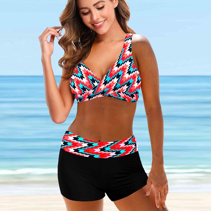 Women's Swimwear Bikini 2 Piece Swimsuit Backless Halter Beach Wear Red Ear Wheat Print Bathing Suits