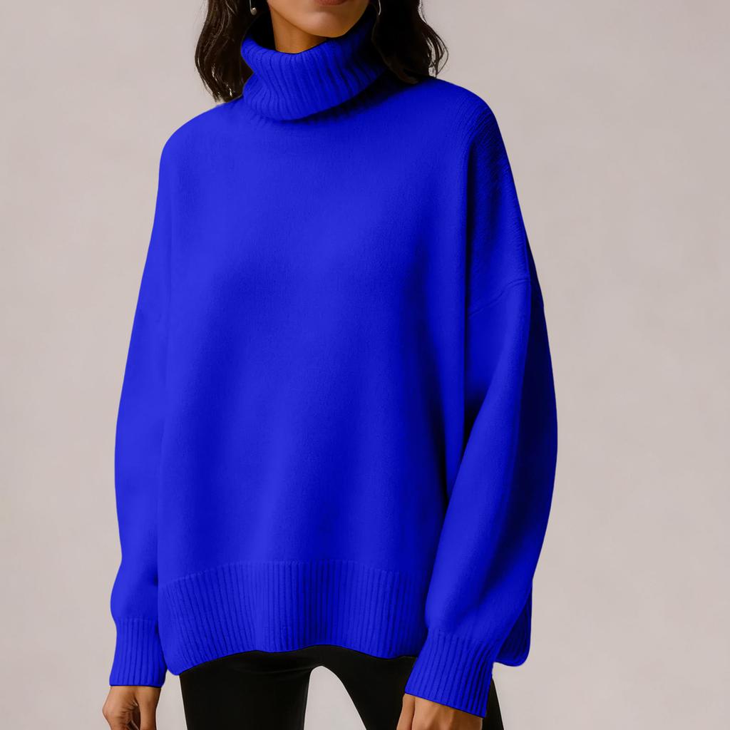 Women's Solid Color High Neck Pullover, Solid Color Loose Knit Sweater
