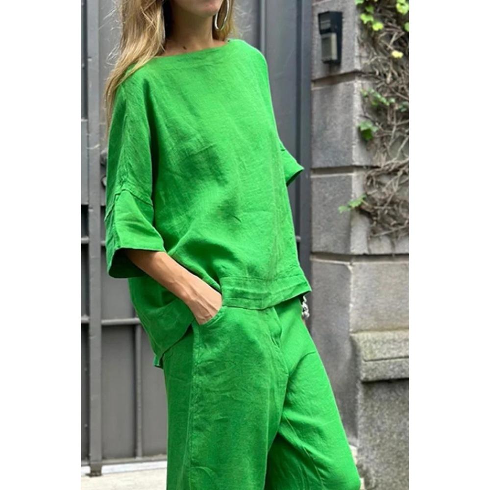 Женский комплект из хлопка и льна, весенне-летний однотонный повседневный топ с круглым вырезом и брюками со средними рукавами, комплект из 2 предметов