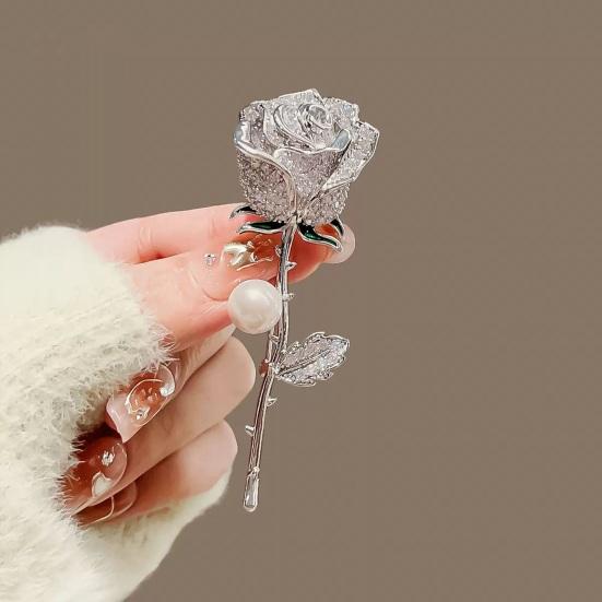 Elegant Rose Flower Faux Brooch Pearl Rhinestones Inlaid Shape Pin Bouquet Suit Lapel Badge Women