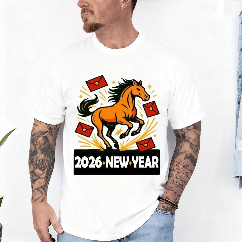 2026 New Year Horse Youth TShirt Crew Neck Short Sleeve Cotton Top All Seasons Casual Funny Outdoors Fashion Comfortable Tees