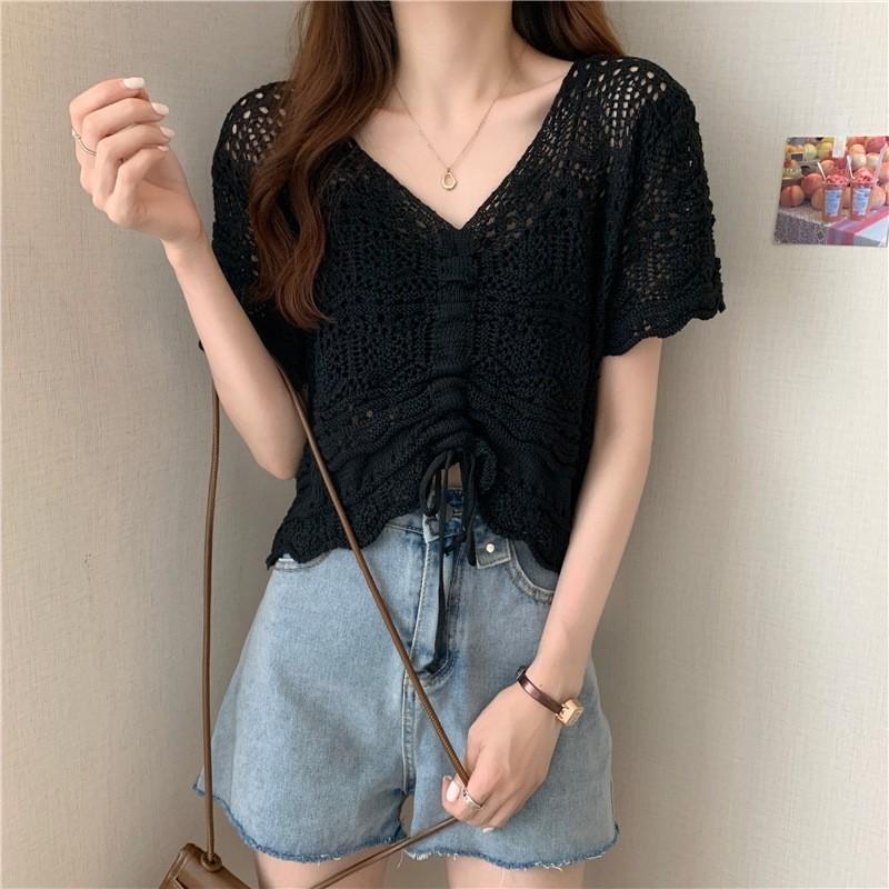 Chic Hollow Drawstring Knitted Sweater Women's Spring and Summer Small Sweet and Spicy Design Sense V-neck Lace-up Short Top