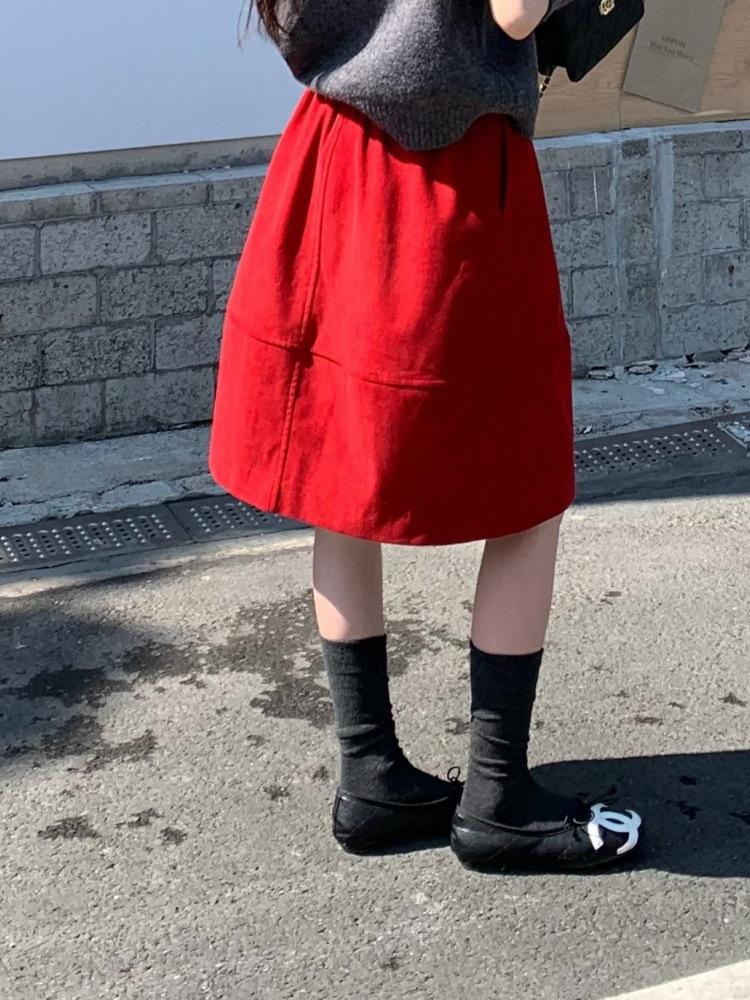 Available: Korean Chic Christmas Red High-Waisted Corduroy Midi Skirt for Women