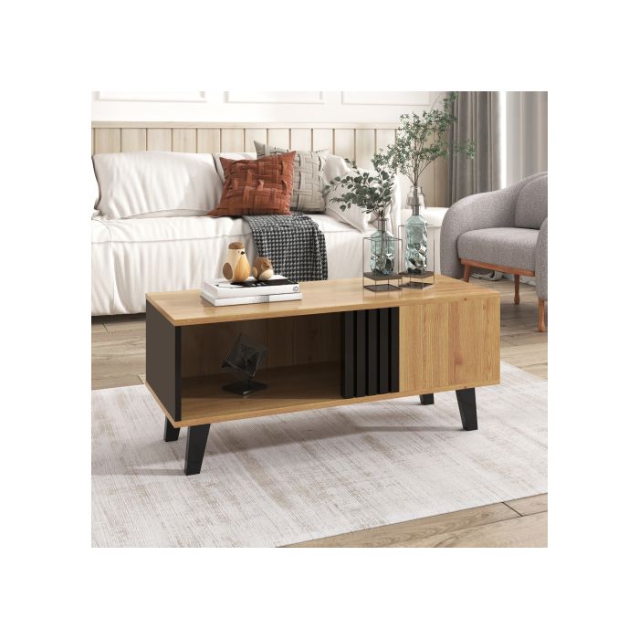 Table basse - MUVOE - 100x60x45 cm - Bois coloré et noir - Tiroir supplémentaire