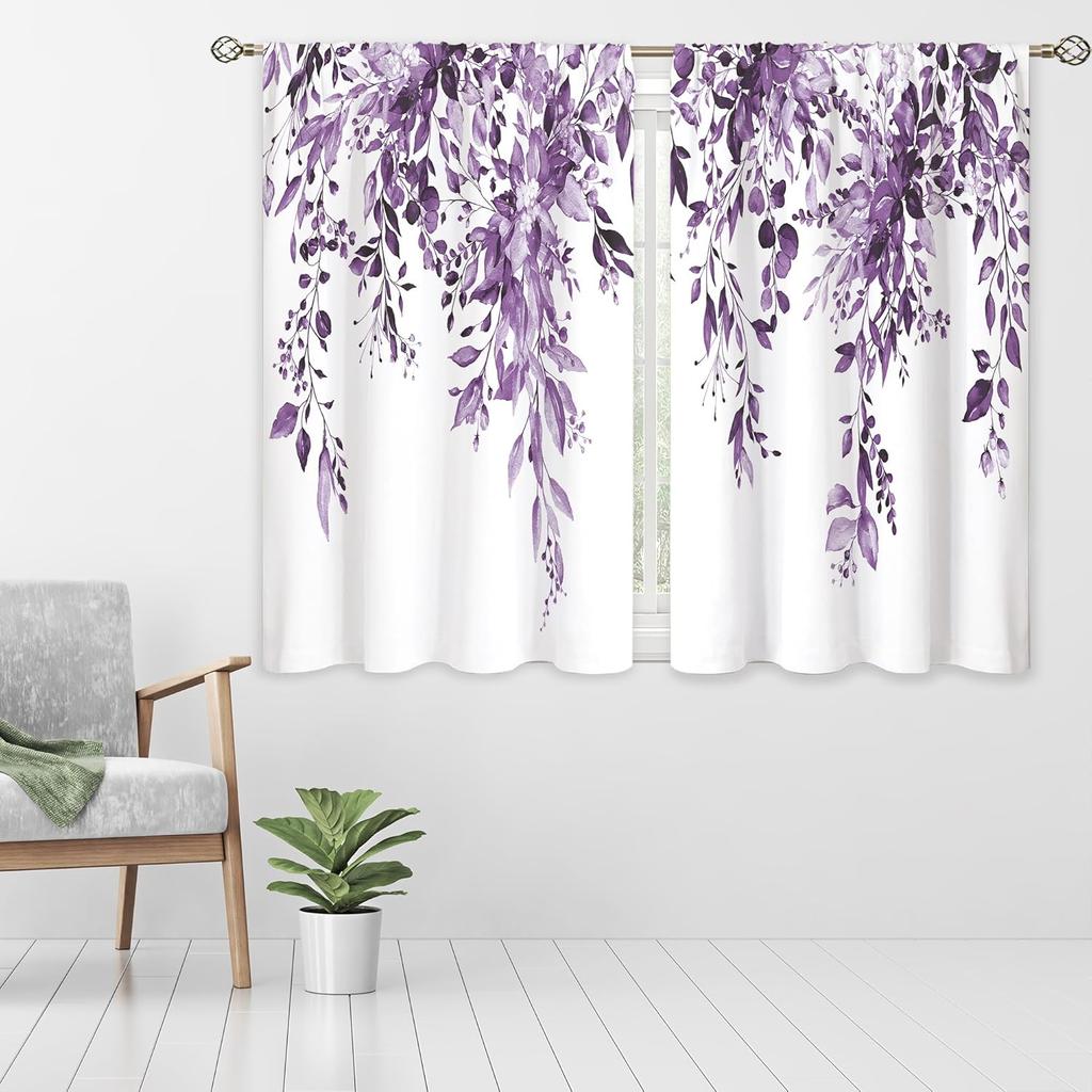 Eucalyptus Botanical Leaves Purple Floral Kitchen Window Curtains Over Sink Farmhouse Flower Leaf Small Window Treatment Cafe Sh