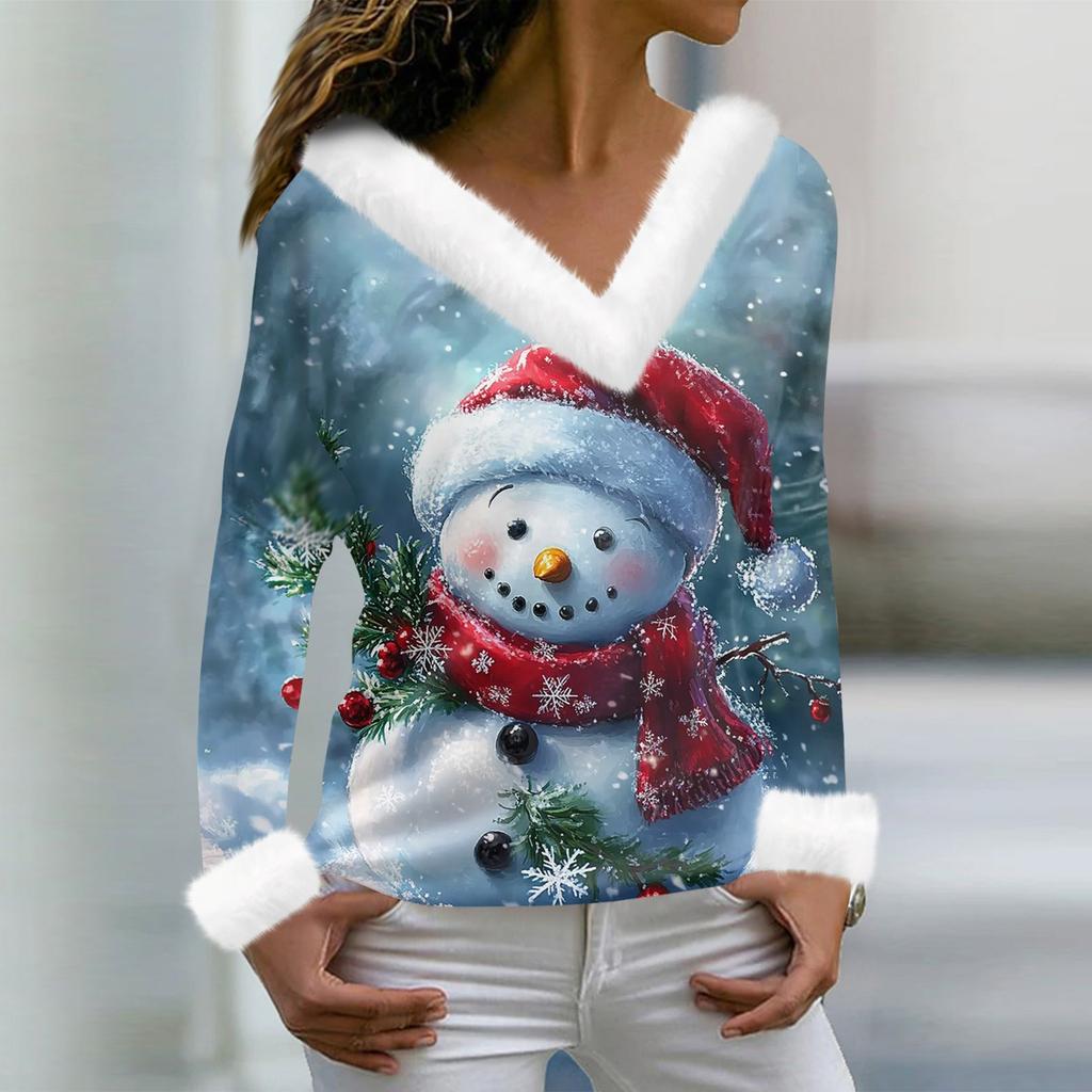 Женская футболка с рождественским принтом, длинный рукав, флисовый воротник, V-образный вырез, футболка