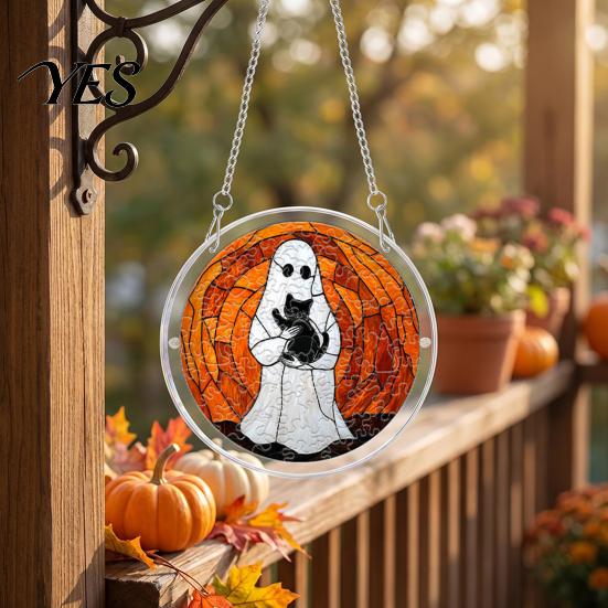 UV Printed Suncatcher Halloween Scary Bat Pumpkin Acrylic Jigsaw Puzzle Suncatcher, Stained Glass Style Unique Sun Catcher Gift Window Hanging