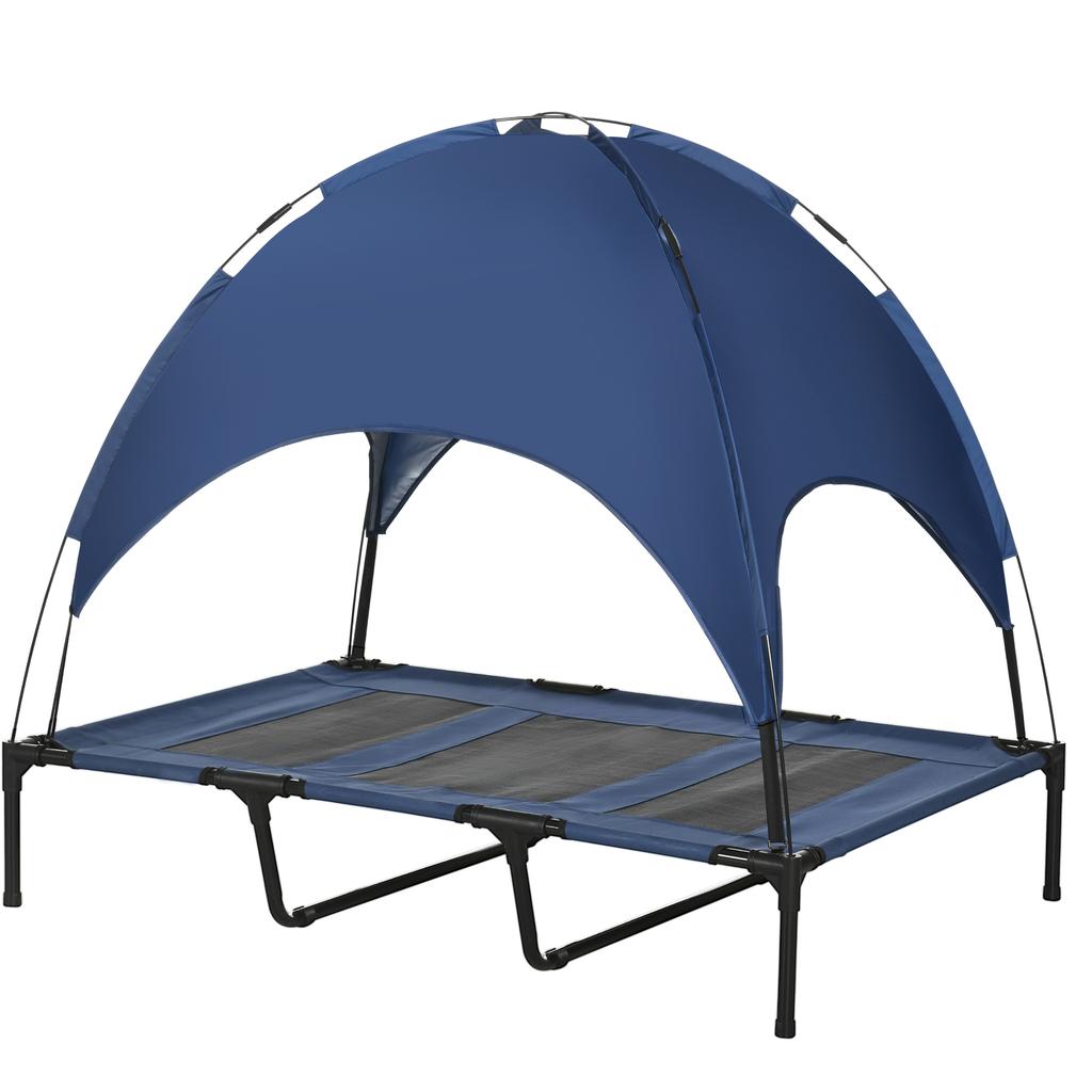 Outdoor Dog Sleeping Spot, Weatherproof Dog Bed, with Canopy, Foldable, 122 x 92 x 108 cm, Blue + Black