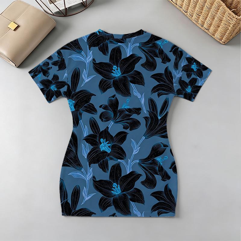 V-Neck Short Sleeve Floral Bodycon Mini Dress Casual Minimalist,Soft Fabric,Fresh Style,Versatile for Daily,Vacation,Home & Outdoor Wear