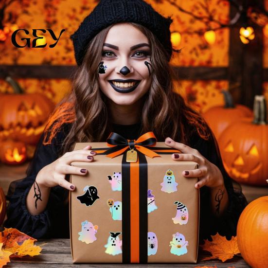 Cute Ghost Decals for Gift Wrapping Gradient Color Stickers Roll, Self-Adhesive Halloween Craft Supplies Kids Decorative Decals, Die-cut Labels
