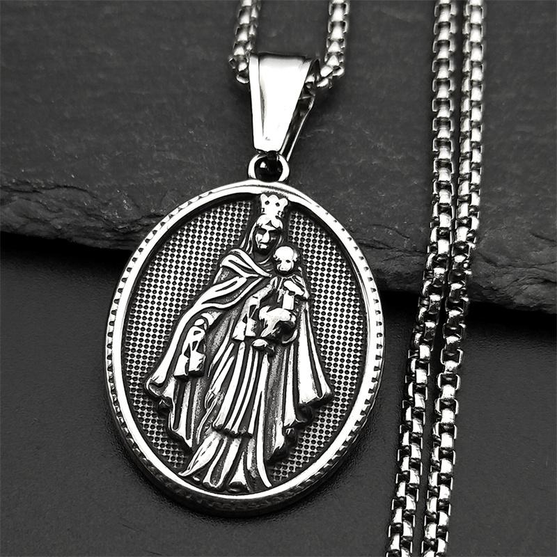 Classic Virgin Mary Hold baby Pendant Necklace for Women Men Stainless Steel Gold Color Catholic Mother Mary Necklaces Jewelry