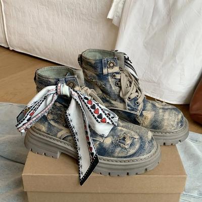 Женские ковбойские сапоги на толстой подошве из винтажного денима, новые женские рабочие ботинки, трендовая женская обувь