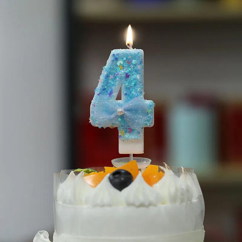 Y 3D Blue Bow Sparkling Number Candles - Birthday Cake Topper with Glitter Accents, Kawaii Party Decor for Birthdays/Weddings