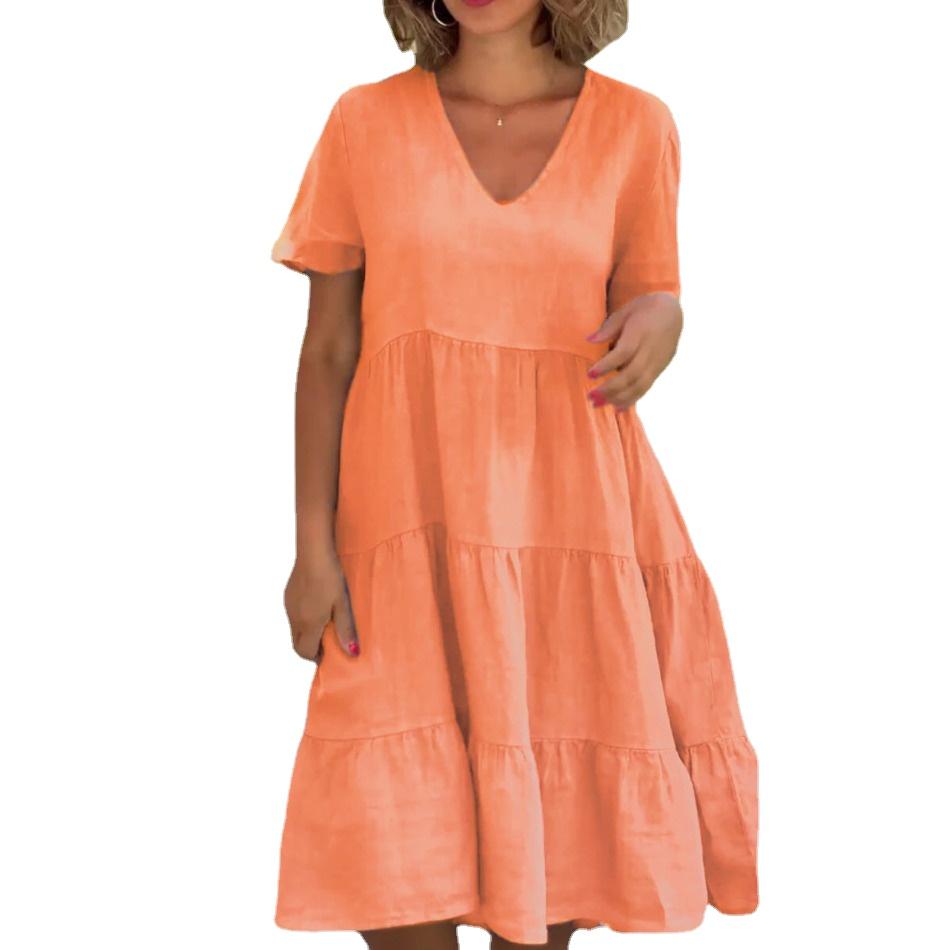 GMXIA Женская мода, лето, весна, свежие и милые однотонные принты, с коротким рукавом, v-образным вырезом, большие свободные повседневные платья