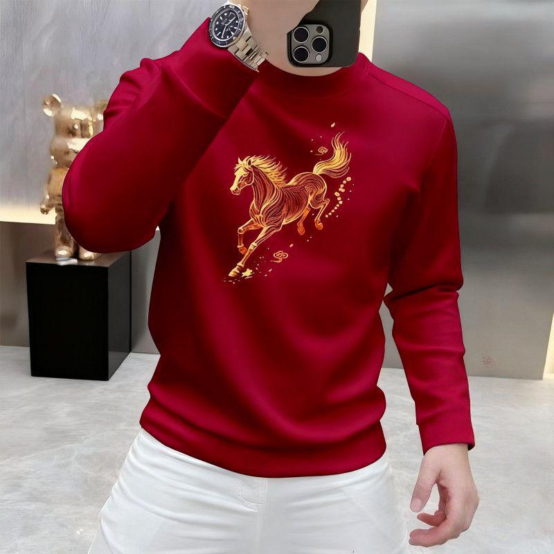 Men's Korean Style Year of the Horse Red Coral Fleece Hoodie, Thickened, Loose Fit, Pure Cotton, Round Neck, Autumn/Winter