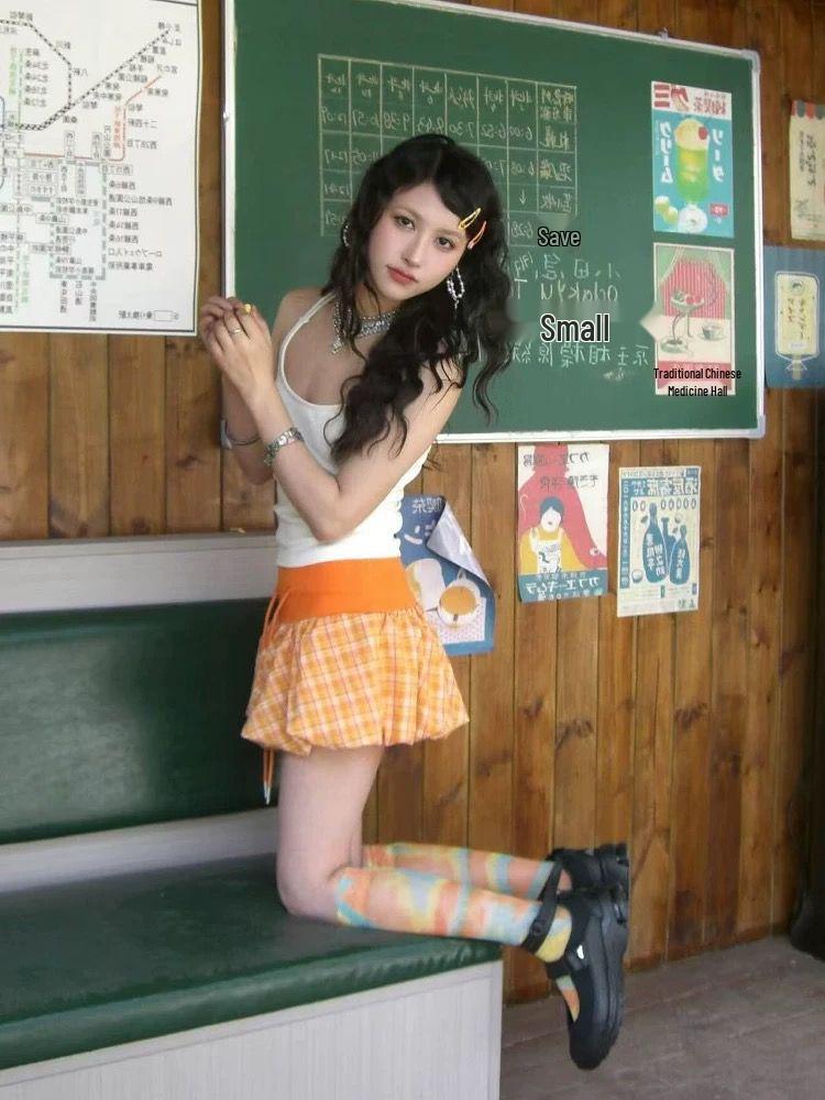 Korean Orange Plaid Tulip Skirt - Women's Summer Elastic Drawstring Short Skirt