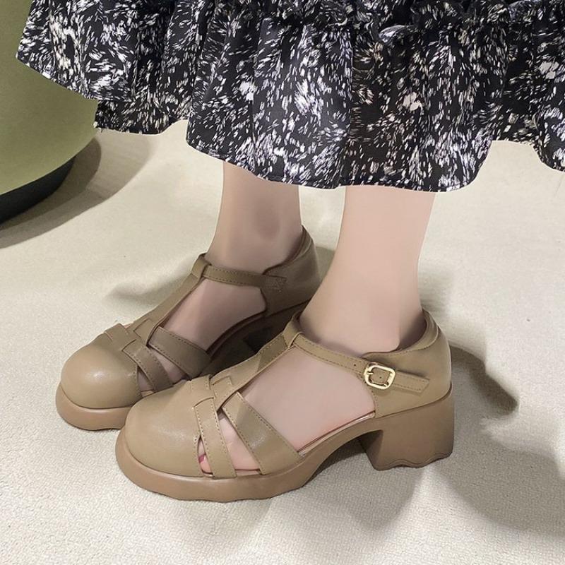 Черные летние женские босоножки на каблуках, лето 2024 г., удобные босоножки из искусственной кожи, женские босоножки на среднем каблуке с круглым носком в римском стиле