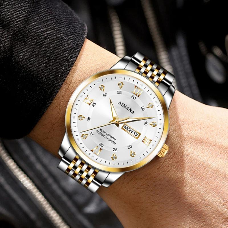 Men Quartz Watch Dual Day Date Wristwatch Gold Silver Stainless Steel Band Roman Numeral Diamond Scale Business Male Clock