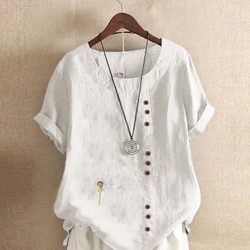 Женская модная футболка с круглым вырезом и коротким рукавом, повседневная хлопковая льняная рубашка с рисунком, свободная летняя блузка с принтом одуванчика для отдыха, топы