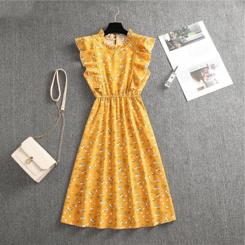 Лето 2023, женские шифоновые платья с принтом, женские элегантные вечерние длинные платья, офисные женские платья с круглым вырезом и оборками без рукавов 27883
