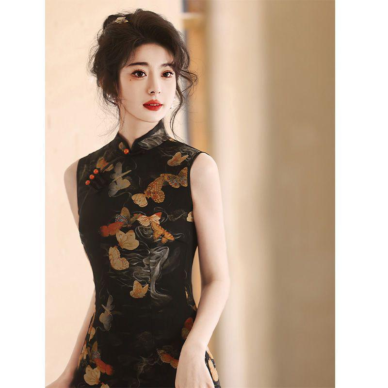 2024 Black Summer Cheongsam Set: Retro Shanghai Sleeveless Style