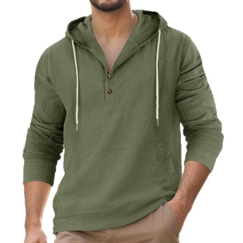 Мужская повседневная футболка-henley из льна свободного кроя на весну/осень с большими карманами и капюшоном, с длинными рукавами
