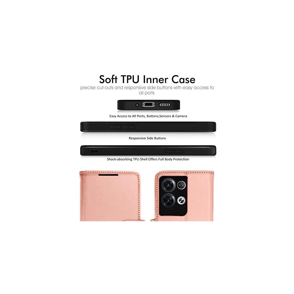 (Rose Gold) PU Leather Wallet Case for Oppo Reno 8 Pro 5G, Flip Protective Case Cover with Wallet Card Holder, Stand & Wrist Strap, Magnetic Closure