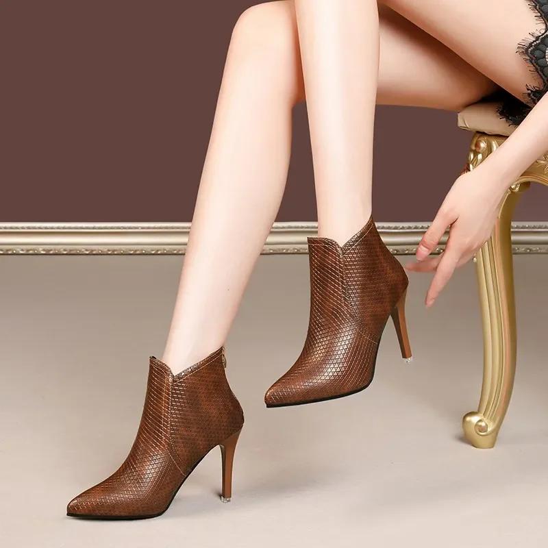 New Brown Black Women Ankle Nude Formal Boots Sexy High Heels Office Lady Shoes Plus Big Size 41 42 43