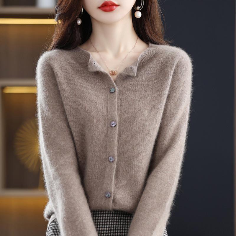 Women's Pure Wool Loose Knit Cardigan - Autumn Solid Color Sweater Top
