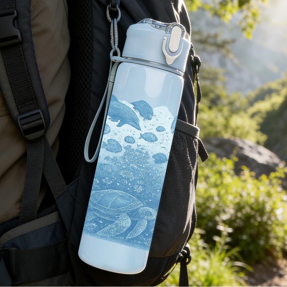 1PC Light Blue Ice Crystal Texture Print 750ml Color Plastic Sports Water Bottle Leakproof Flip Straw Lid Suitable for Sports Office Home Use