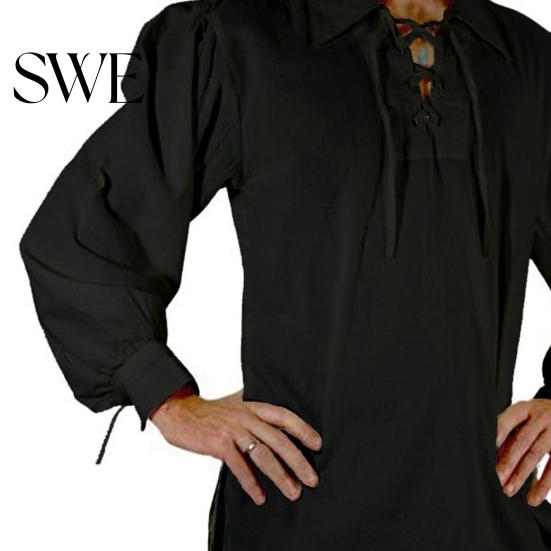 Lapel Strap Men Shirt Adult Medieval Renaissance Cosplay Long Sleeve Cuff Lace-up Solid Color Loose Fit Pullover Vintage Style