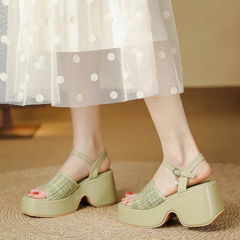 Platform sandals women's summer new slope heel waterproof table small man heightened 7CM one-word buckle open-toe strap Roman shoes