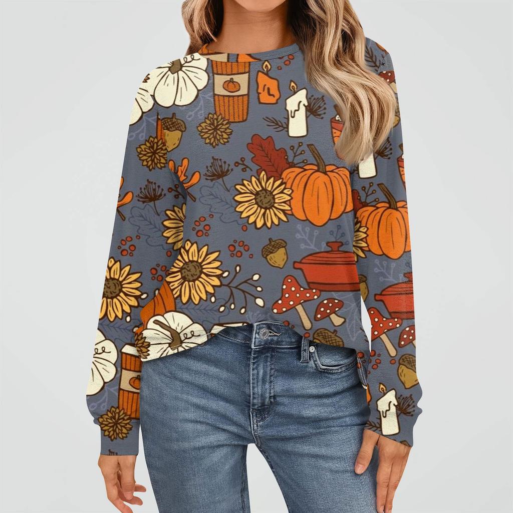 Women's Fashion Long Sleeve Shirts Loose Fitted Crewneck Basic Halloween Print Tops Casual Outfits
