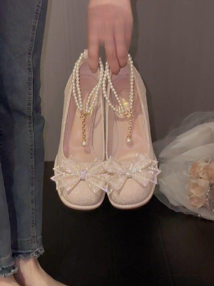 Французский бант Мэри туфли на высоком каблуке 2024 новый верхний слой подружка невесты новый конское лицо принцесса свадебная обувь обувь невесты
