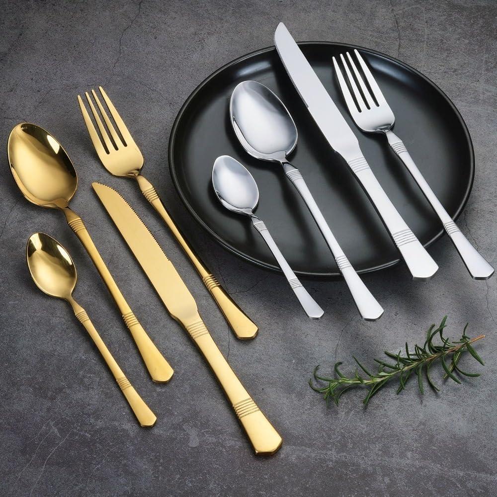 Horizontal Striped Handle Kitchen Stainless Steel Silverware Tableware Flatware Cutlery Set Steak Knife Fork Spoon Teaspoon (Gold)