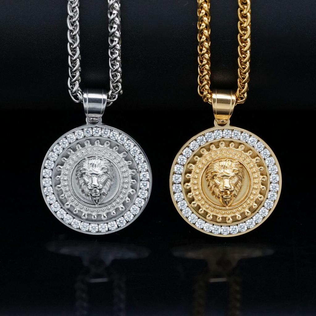 Hip Hop Lion Head Pendant Necklace with Rhinestone Fashion Men Stainless Steel for Boy Best Gifts Fashion Accessories Jewelry