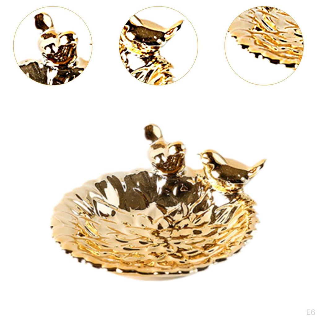 12.8 Cm Round Porcelain Jewelry Tray for Earrings And Business Cards with 2 Bird Statues As A