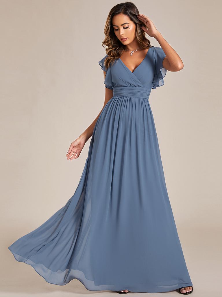Ever-Pretty Women's A-Line V Neck Pleated Belted Ruffles Sleeves Open Back High Waist Bridesmaid Dresses