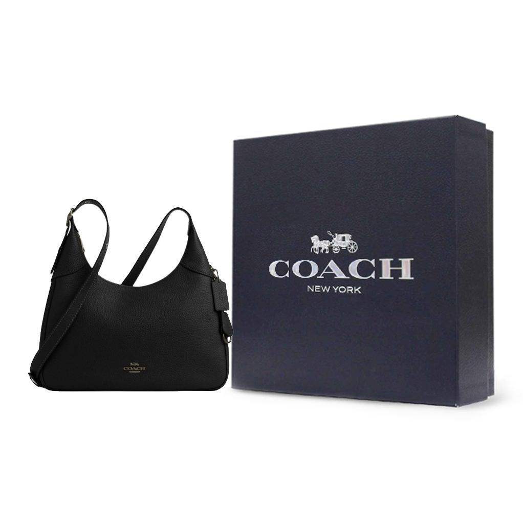 Coach Элла 36 Сумка на плечо из кожи с логотипом и застежкой-молнией Подмышечная большая женская сумка на плечо Черная CCE47-QBBK