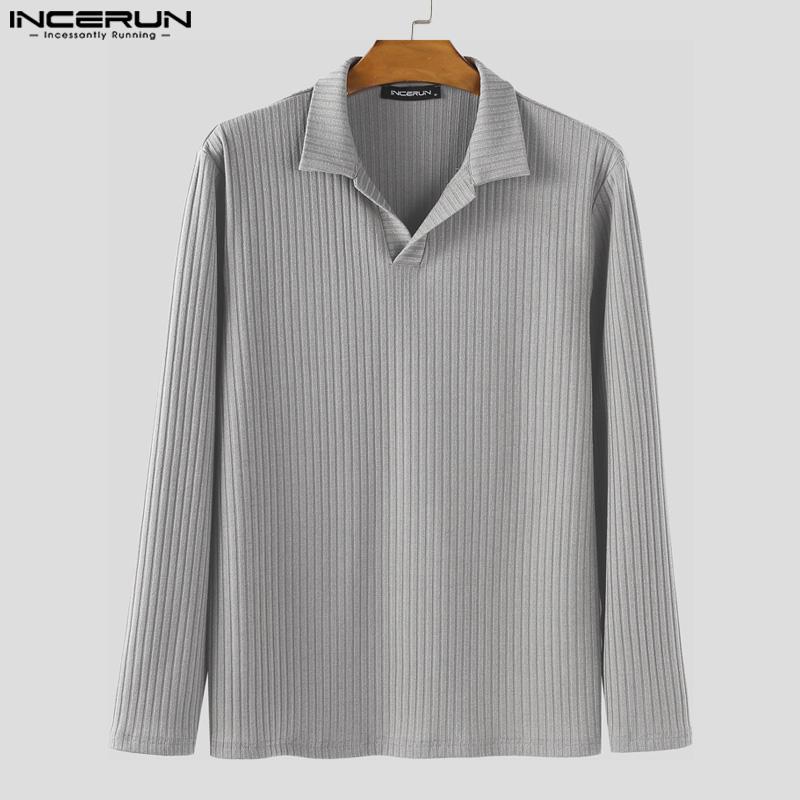 INCERUN Осень Зима Мужские Пуловеры Топы с Лацканами, Длинным Рукавом, Повседневной Текстурой в Рубчик