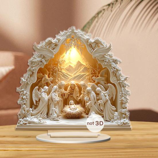 Christmas Nativity Ornament Jesus' Birth Scene Virgin Mary Angel Cartoon Print Christian Tabletop Centerpiece for Home Office Holiday Display