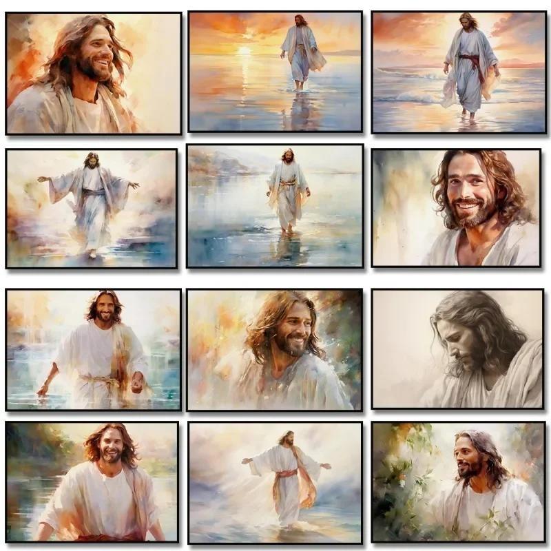 Watercolor Jesus Walking On Water Canvas Painting Christian Wall Art with Jesus Laughing Picture Christs Embrace Home Decor Pos